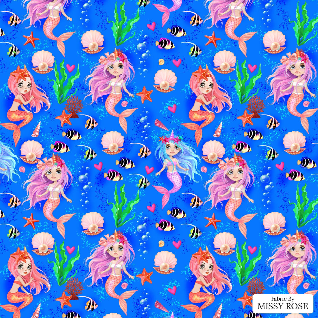 Design 1156 Mermaid Fabric – flat view of the print, zoom in for detail | Fabric by Missy Rose