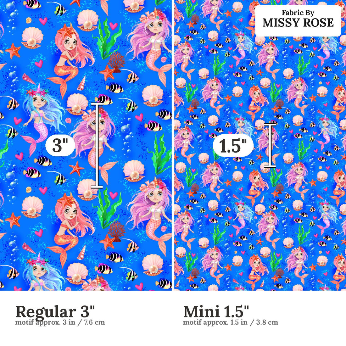 Design 1156 Mermaid Fabric Regular 3 inch vs Mini 1.5 inch print scale side by side | Fabric by Missy Rose