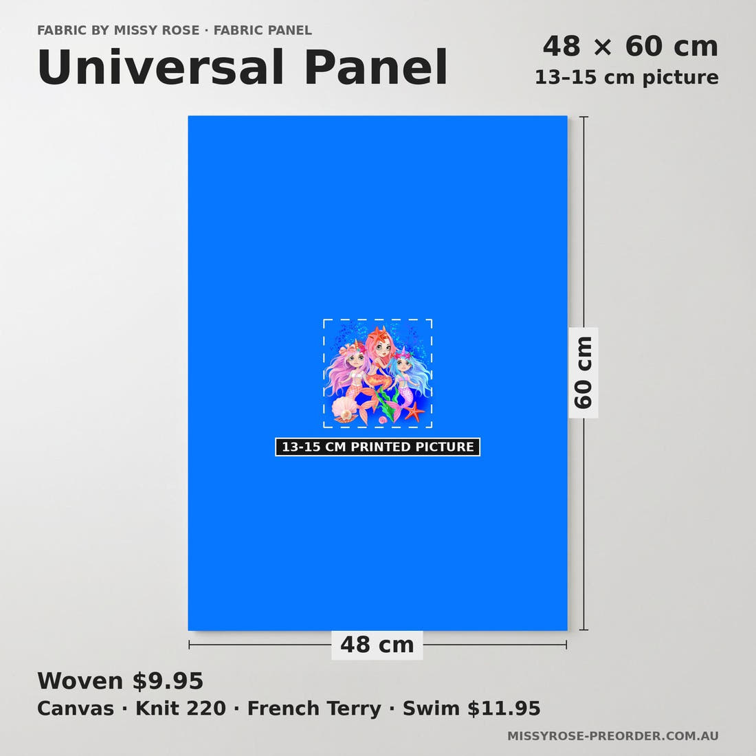 Design 1156 Mermaid Panel universal panel sizing – 13–15 cm printed picture on 48 × 60 cm fabric | Fabric by Missy Rose
