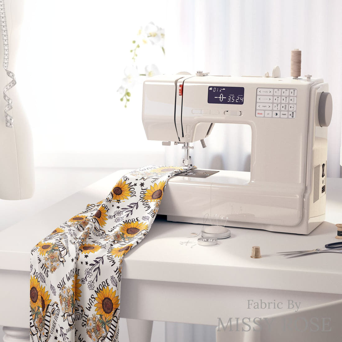 Design 1157 Wild Fabric on a sewing machine – premium fabric for sewing projects | Fabric by Missy Rose