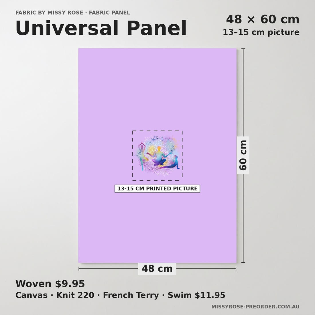Design 1158 Yoga Panel universal panel sizing – 13–15 cm printed picture on 48 × 60 cm fabric | Fabric by Missy Rose