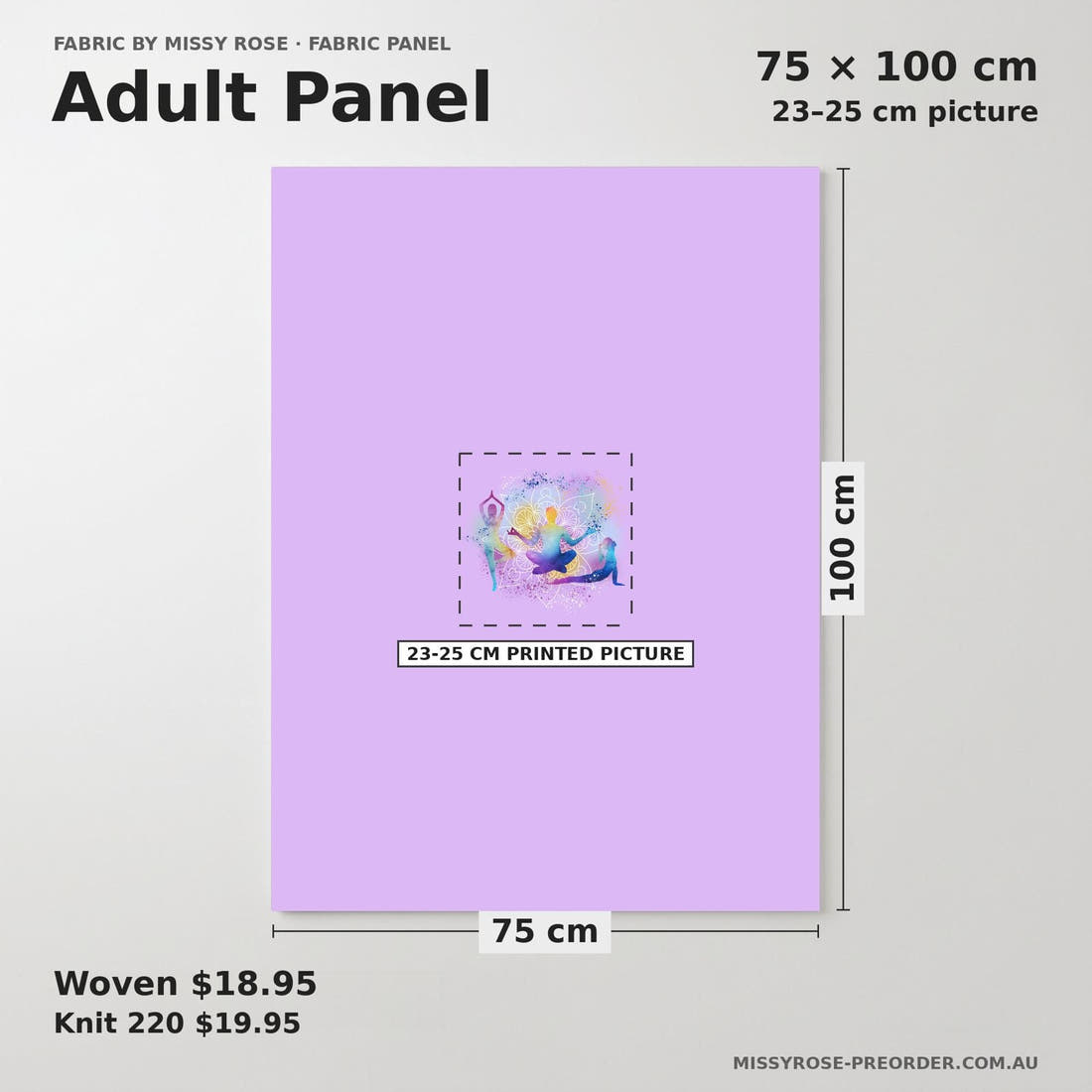 Design 1158 Yoga Panel adult panel sizing – 23–25 cm printed picture on 75 × 100 cm fabric | Fabric by Missy Rose
