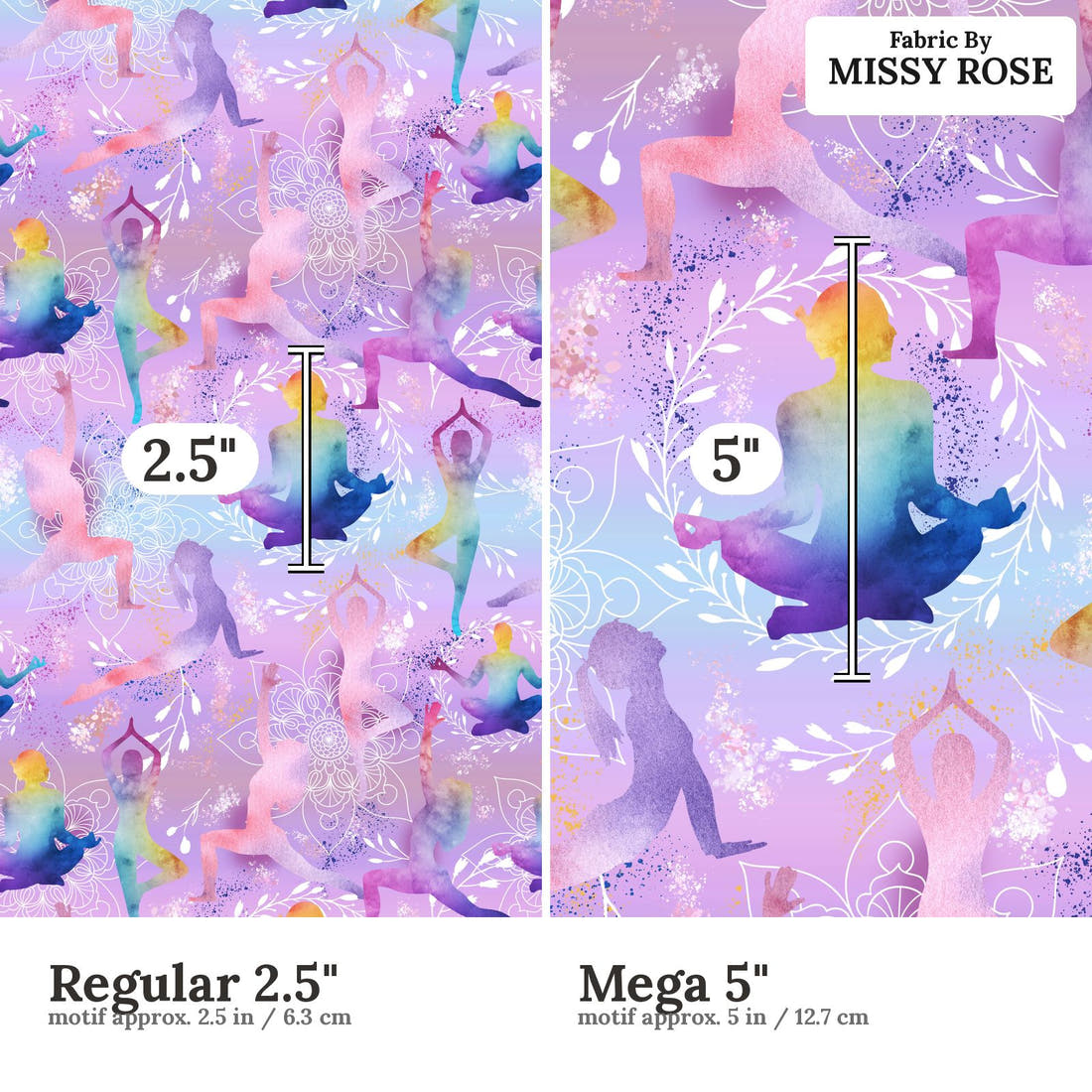 Design 1158 Yoga Fabric Regular 2.5 inch vs Mega 5 inch print scale side by side | Fabric by Missy Rose