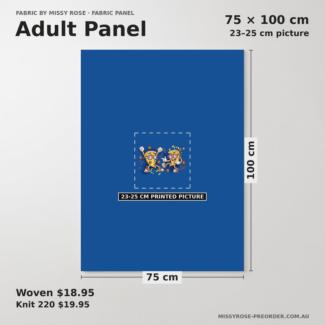 Design 1159 Pizza Panel adult panel sizing – 23–25 cm printed picture on 75 × 100 cm fabric | Fabric by Missy Rose