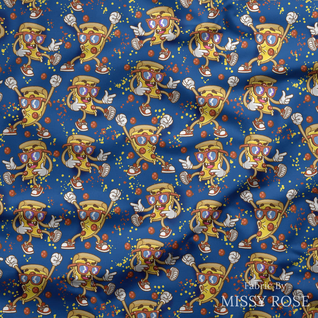 Design 1159 Pizza Fabric draped fabric mockup – custom printed fabric by the metre | Fabric by Missy Rose