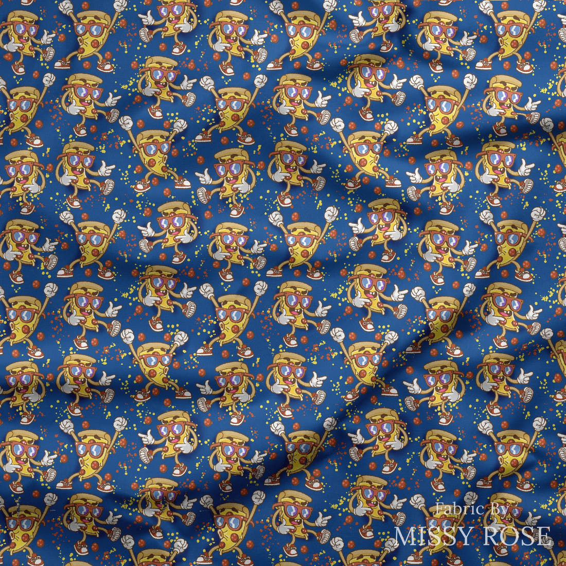 Design 1159 Pizza Fabric draped fabric mockup – custom printed fabric by the metre | Fabric by Missy Rose