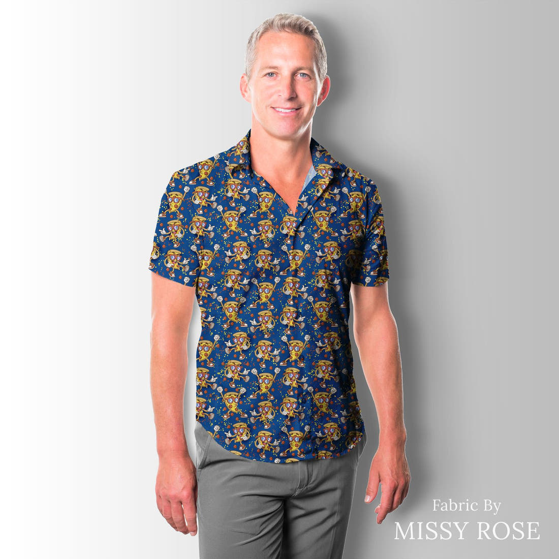 Design 1159 Pizza Fabric sewn into a men's shirt – see how the print looks made up | Fabric by Missy Rose