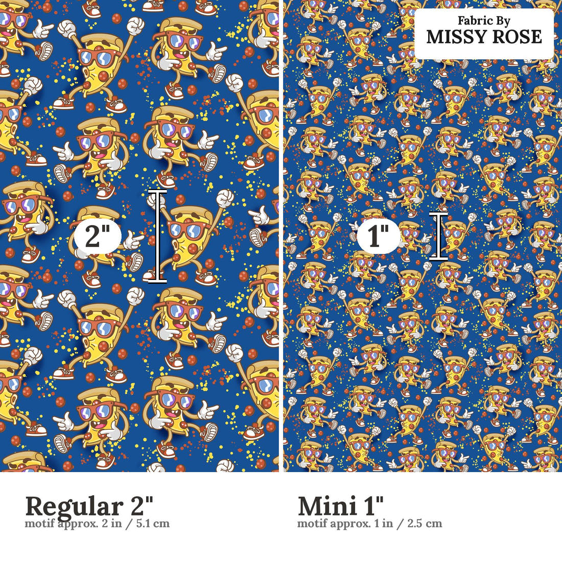 Design 1159 Pizza Fabric Regular 2 inch vs Mini 1 inch print scale side by side | Fabric by Missy Rose