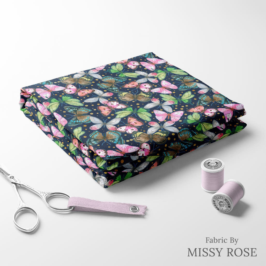 Design 116 Navy Butterfly Fabric folded fabric stack with matching thread – pre-order fabric Australia | Fabric by Missy Rose