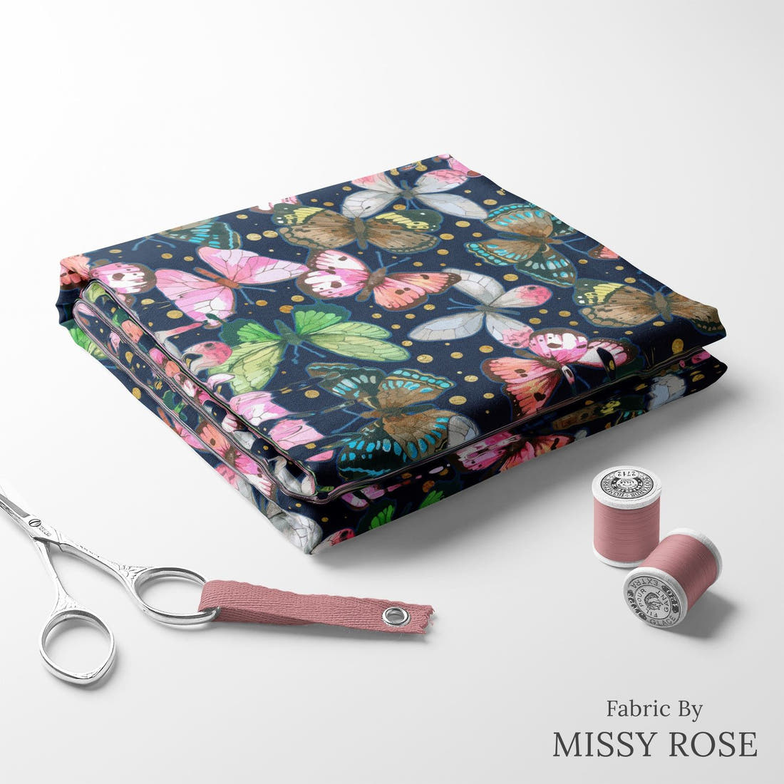 Design 116 Navy Butterfly Fabric folded fabric stack with matching thread – pre-order fabric Australia | Fabric by Missy Rose