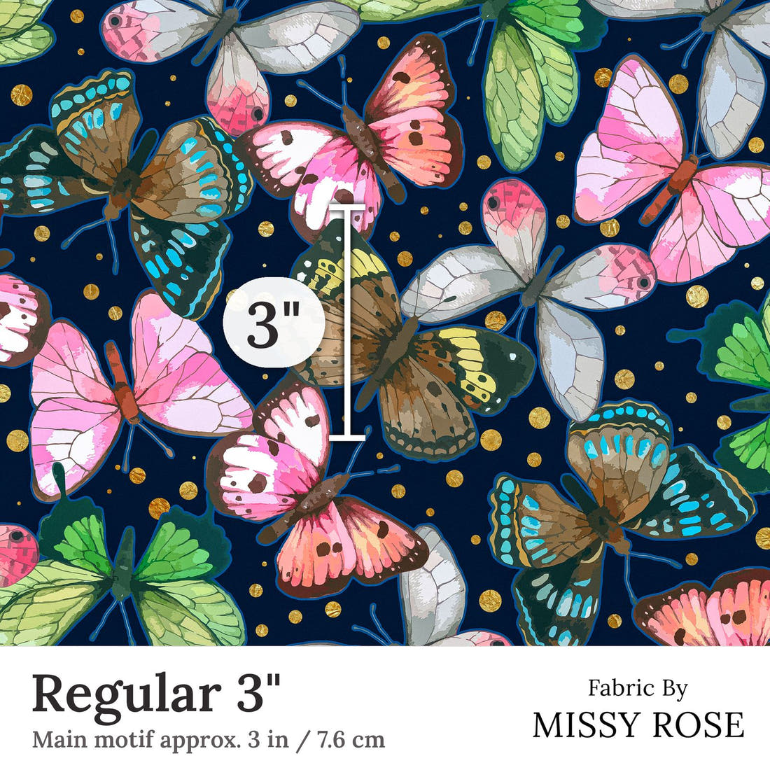 Design 116 Navy Butterfly Fabric Regular 3 inch print scale guide | Fabric by Missy Rose