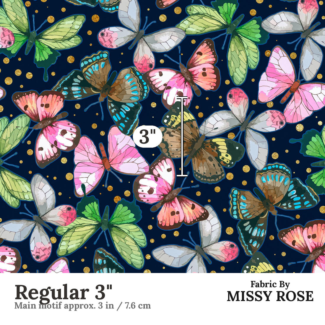 Design 116 Navy Butterfly Fabric Regular 3" - print scale | Fabric by Missy Rose