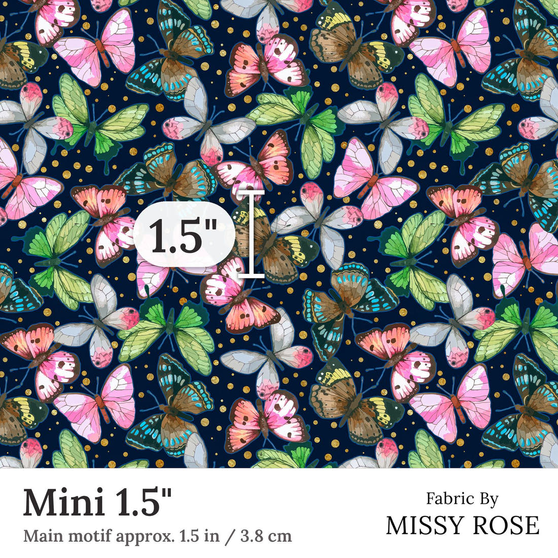 Design 116 Navy Butterfly Fabric Mini 1.5 inch print scale guide | Fabric by Missy Rose