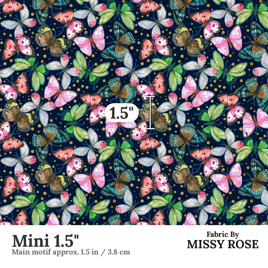 Design 116 Navy Butterfly Fabric Mini 1.5" - print scale | Fabric by Missy Rose