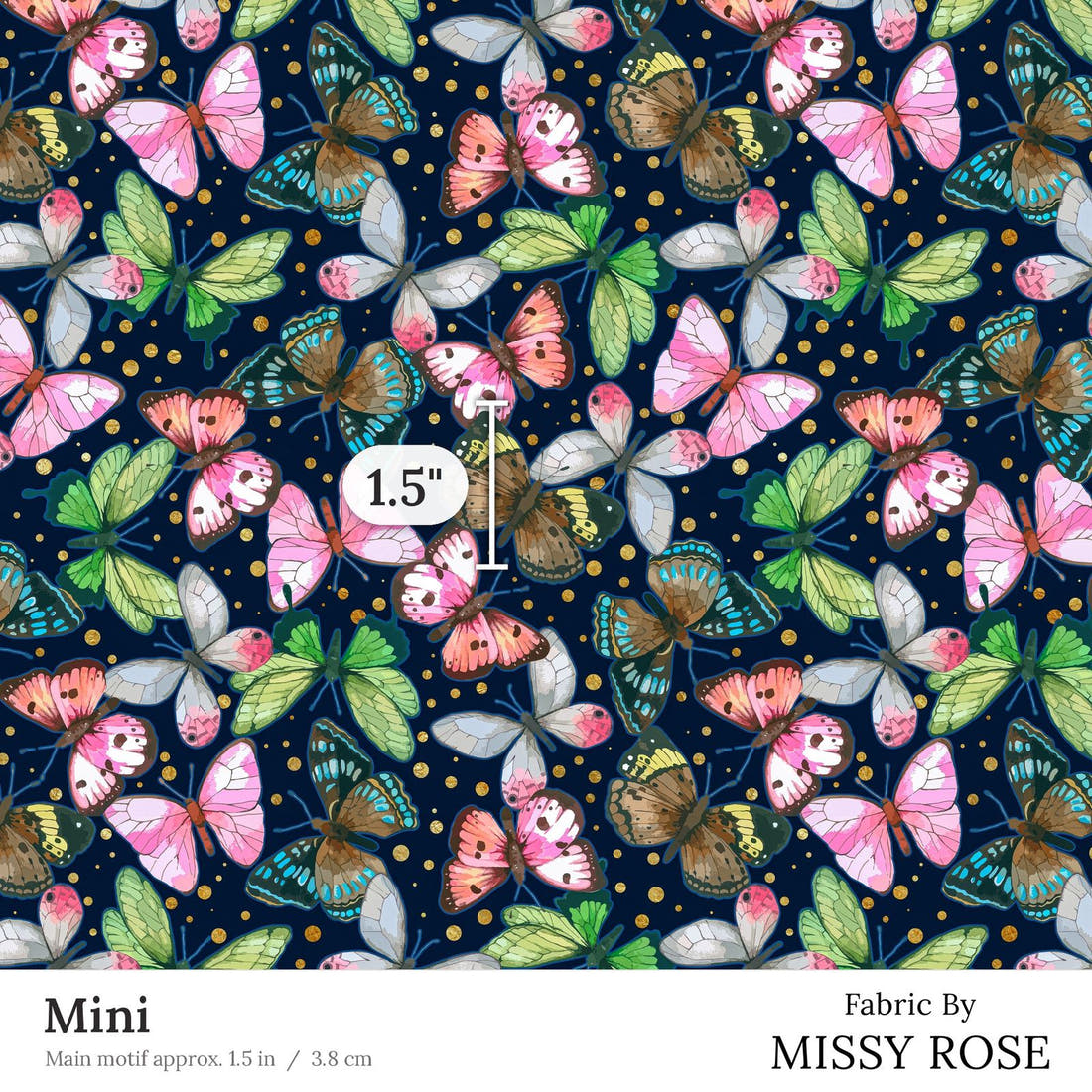 Design 116 Navy Butterfly Fabric Mini 1.5 inch print scale guide | Fabric by Missy Rose