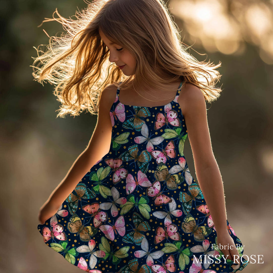 Design 116 Navy Butterfly Fabric sewn into a girls' dress – see how the print looks made up | Fabric by Missy Rose
