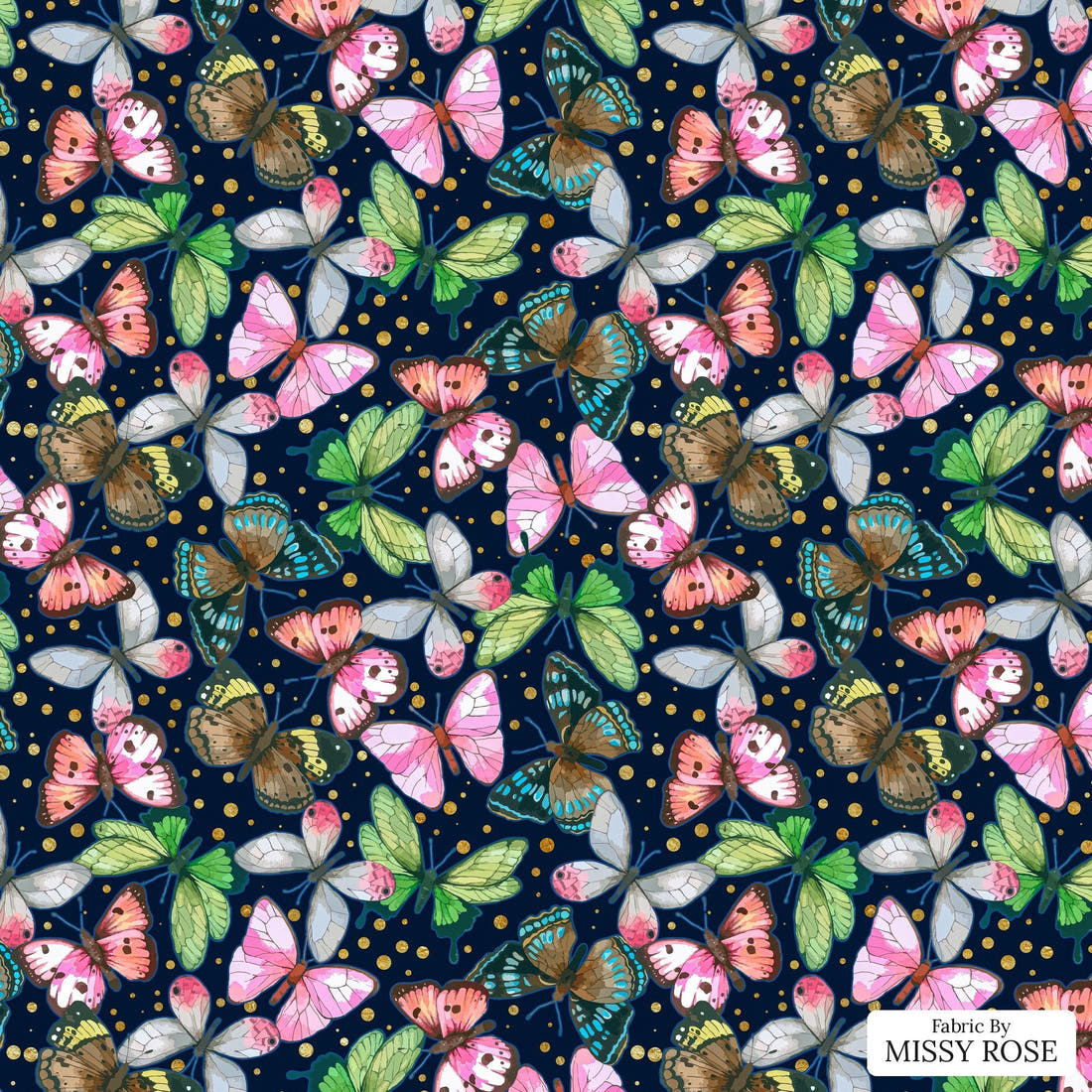Design 116 Navy Butterfly Fabric - flat view of the print, zoom in for detail | Fabric by Missy Rose