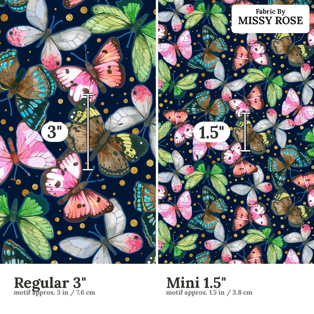 Design 116 Navy Butterfly Fabric size comparison - print scale | Fabric by Missy Rose