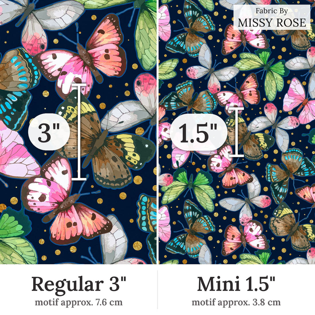 Design 116 Navy Butterfly Fabric Regular 3 inch vs Mini 1.5 inch print scale side by side | Fabric by Missy Rose