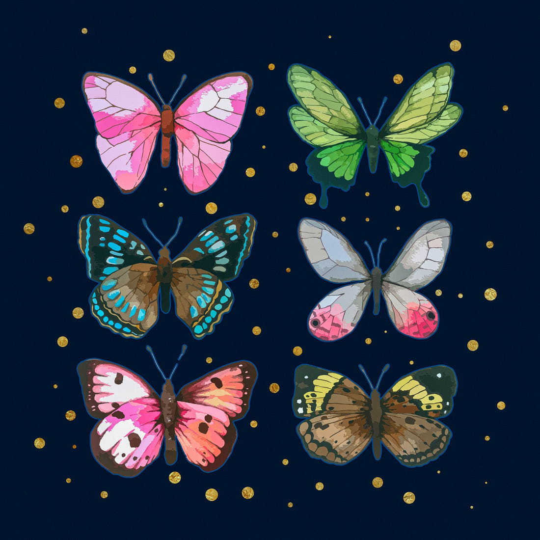 Design 116 Navy Butterfly Panel – full artwork close-up of the printed picture | Fabric by Missy Rose