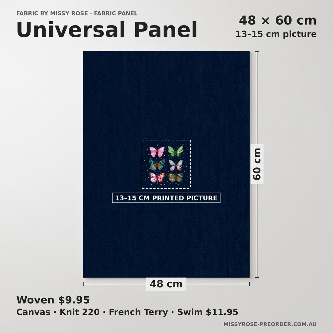 Design 116 Navy Butterfly Panel universal panel sizing – 13–15 cm printed picture on 48 × 60 cm fabric | Fabric by Missy Rose