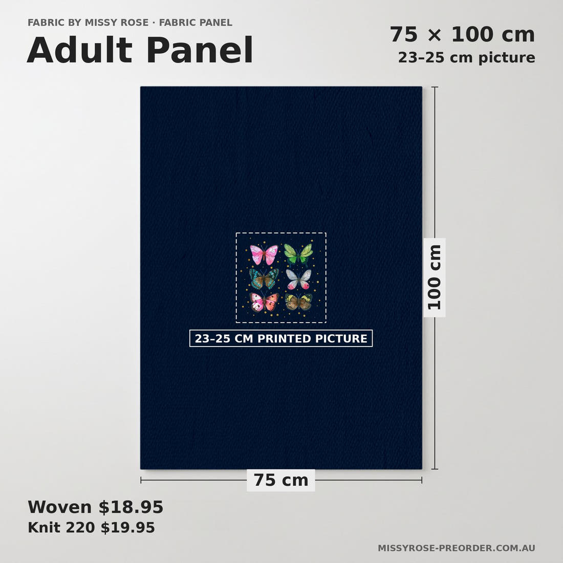 Design 116 Navy Butterfly Panel adult panel sizing – 23–25 cm printed picture on 75 × 100 cm fabric | Fabric by Missy Rose