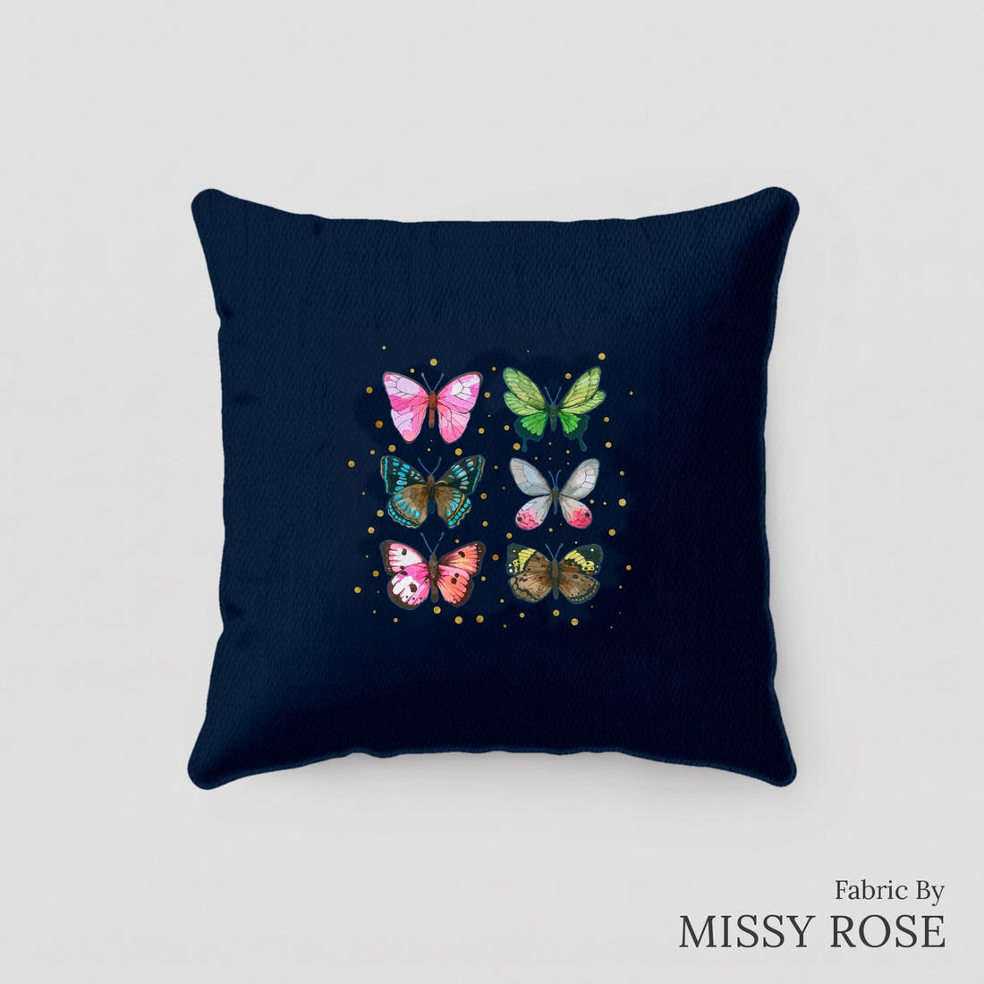 Design 116 Navy Butterfly Panel sewn into a cushion – see how the panel looks made up | Fabric by Missy Rose