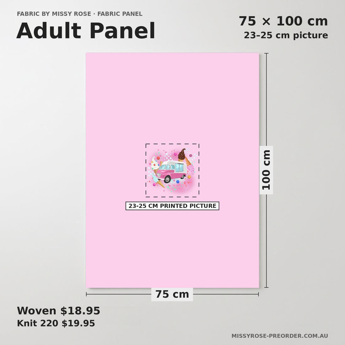 Design 1160 Pink Ice Cream Panel adult panel sizing – 23–25 cm printed picture on 75 × 100 cm fabric | Fabric by Missy Rose
