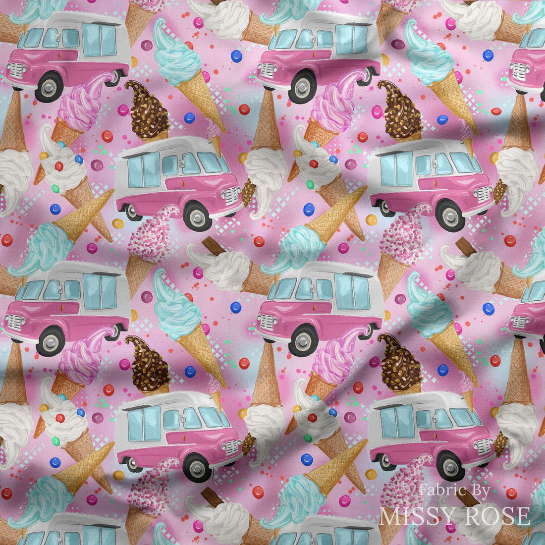 Design 1160 Pink Ice Cream Fabric draped fabric mockup – custom printed fabric by the metre | Fabric by Missy Rose