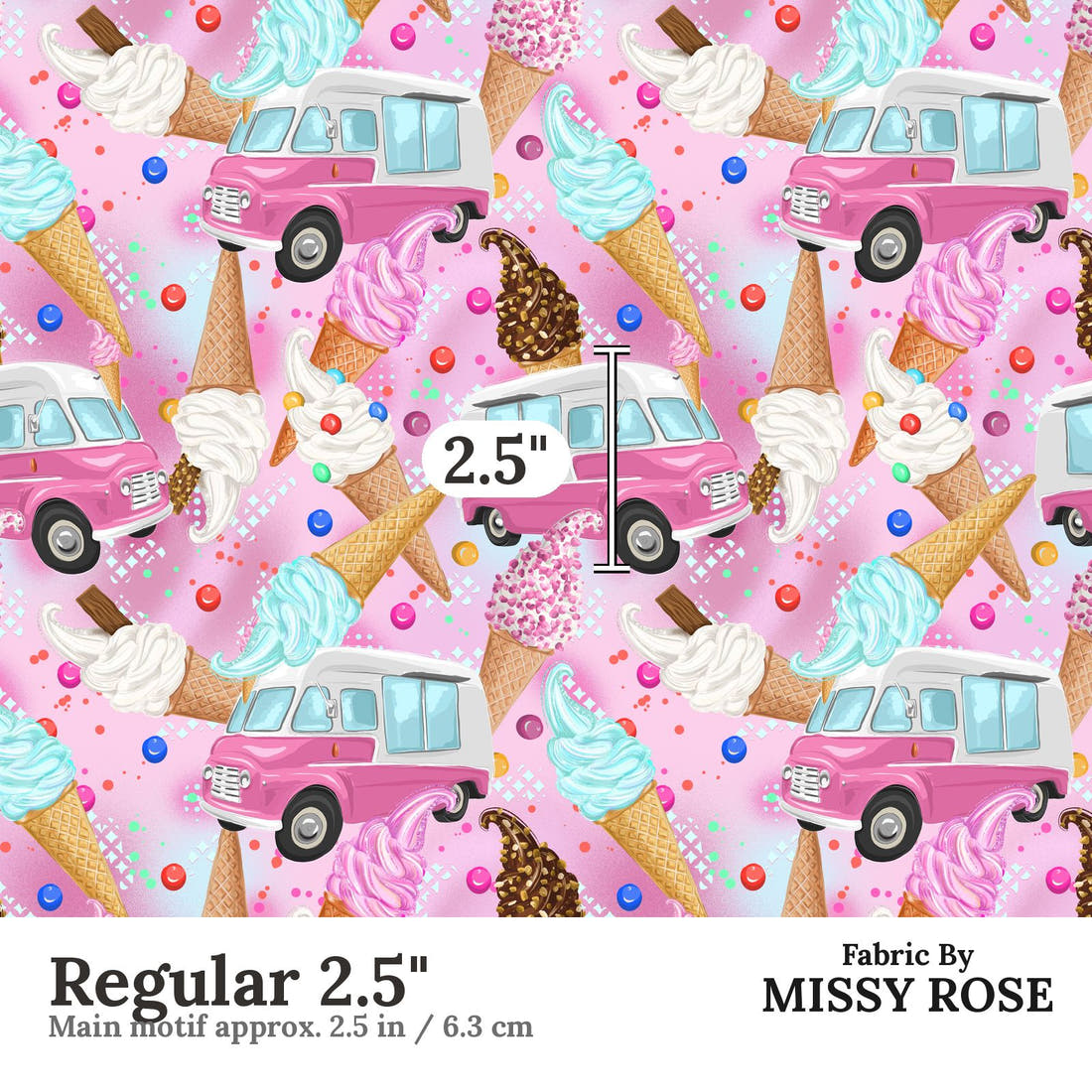 Design 1160 Pink Ice Cream Fabric Regular 2.5 inch print scale guide | Fabric by Missy Rose