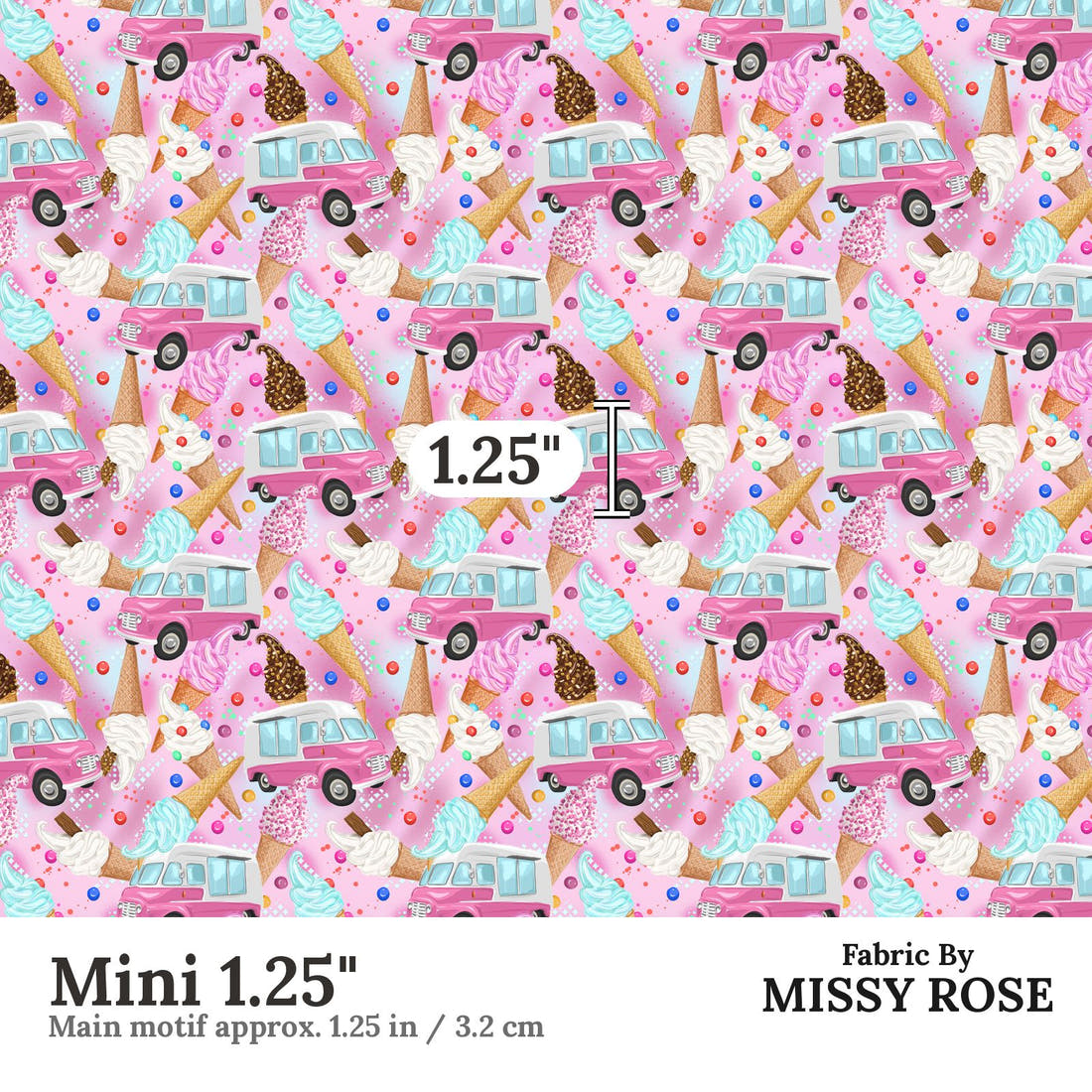 Design 1160 Pink Ice Cream Fabric Mini 1.25 inch print scale guide | Fabric by Missy Rose