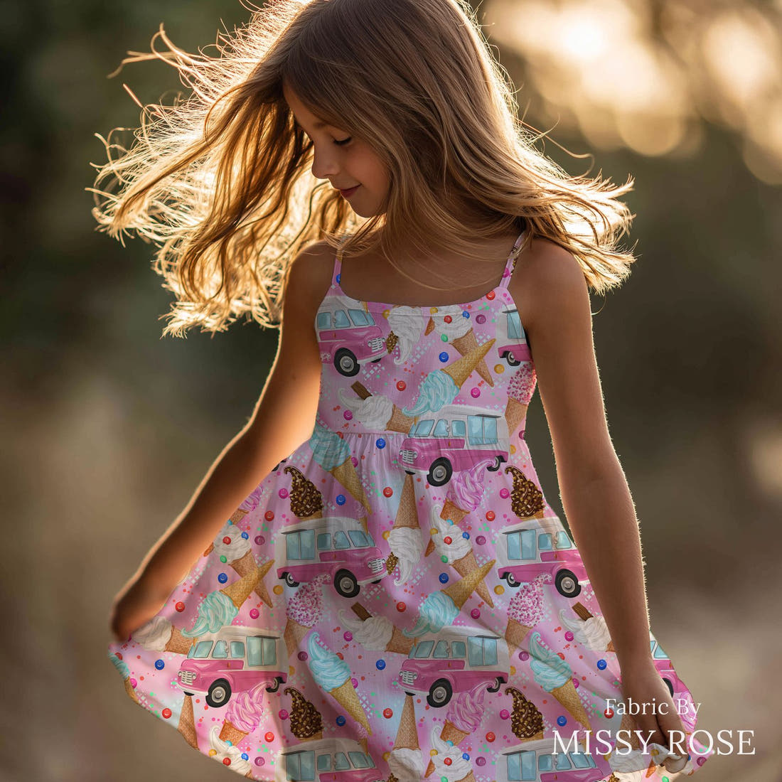Design 1160 Pink Ice Cream Fabric sewn into a girls' dress – see how the print looks made up | Fabric by Missy Rose