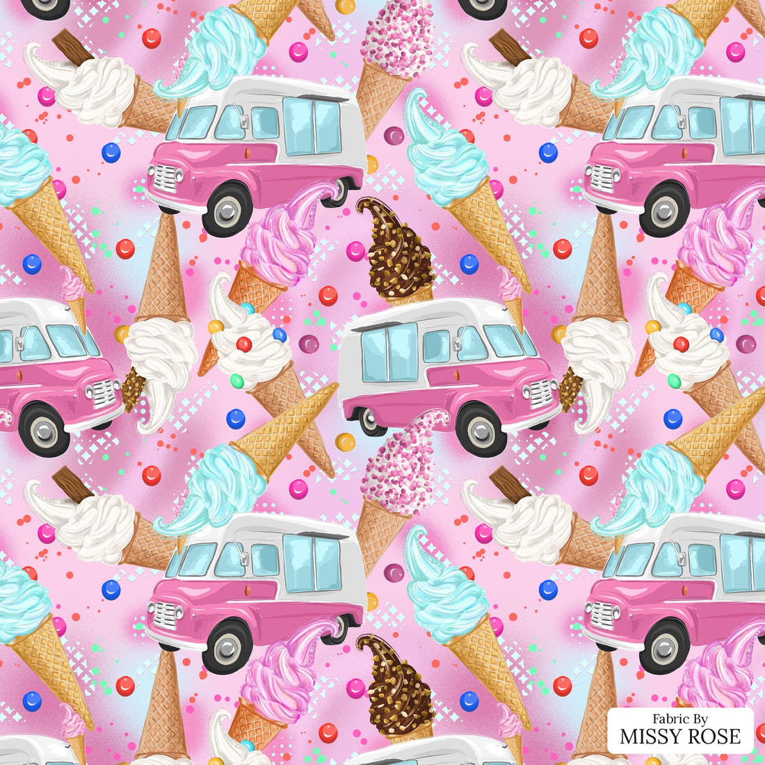 Design 1160 Pink Ice Cream Fabric – flat view of the print, zoom in for detail | Fabric by Missy Rose