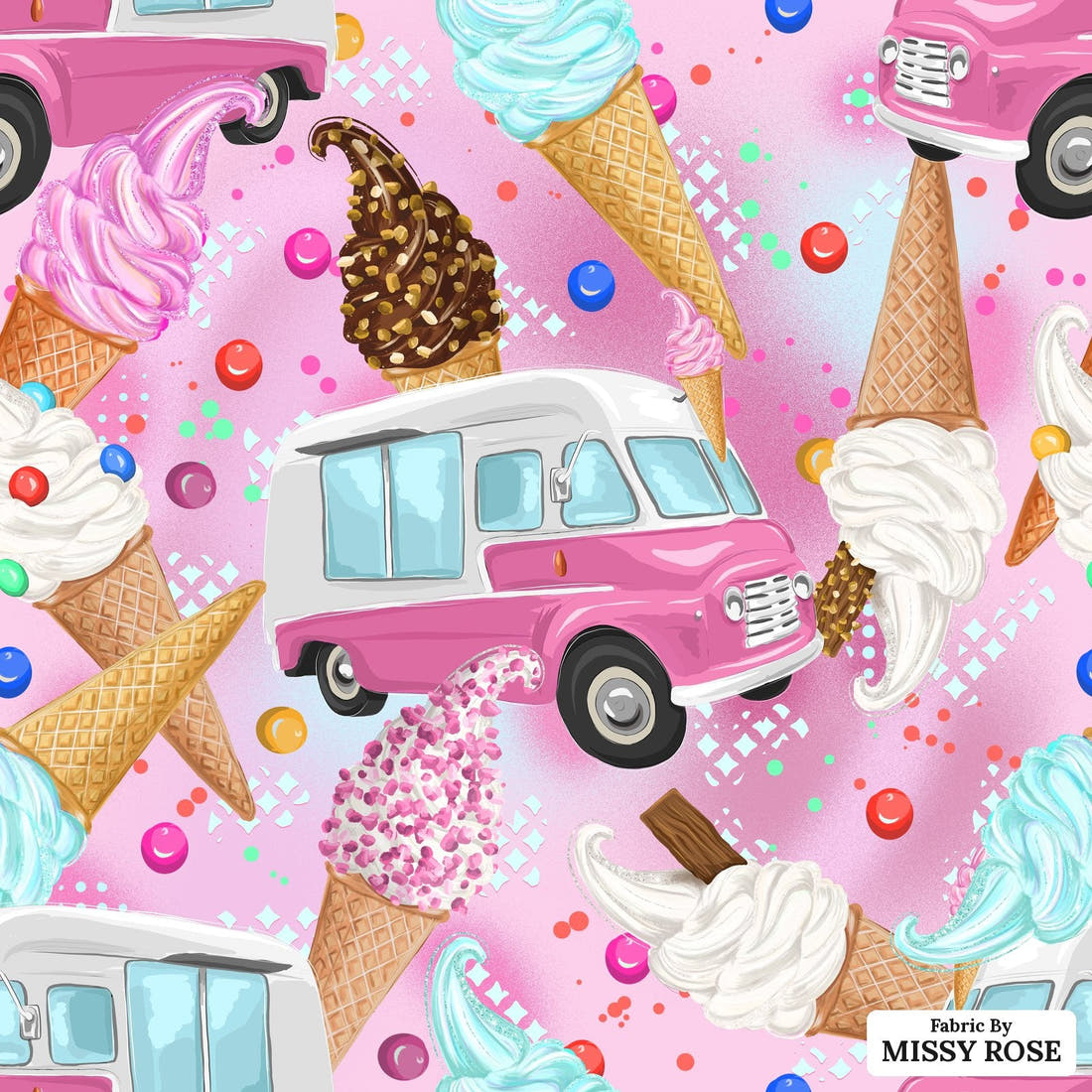 Design 1160 Pink Ice Cream Fabric – flat view of the print, zoom in for detail | Fabric by Missy Rose