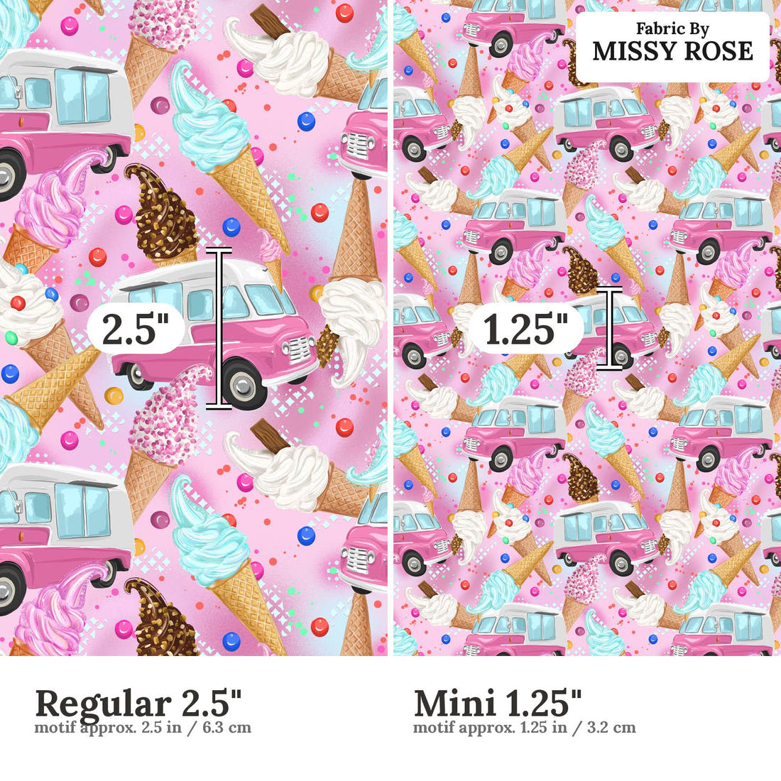 Design 1160 Pink Ice Cream Fabric Regular 2.5 inch vs Mini 1.25 inch print scale side by side | Fabric by Missy Rose