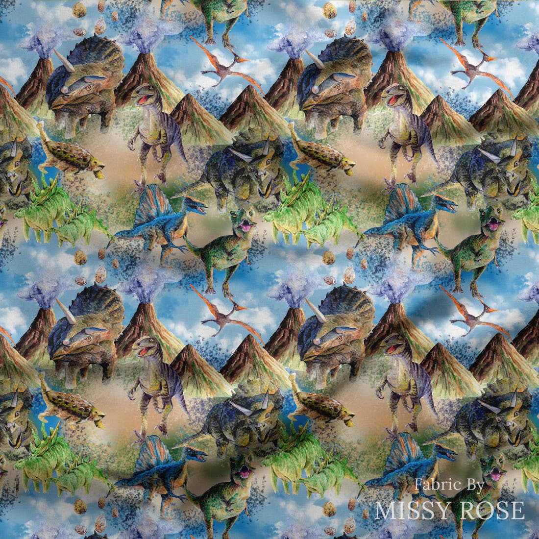 Design 1161 Dinosaur Fabric draped fabric mockup – custom printed fabric by the metre | Fabric by Missy Rose