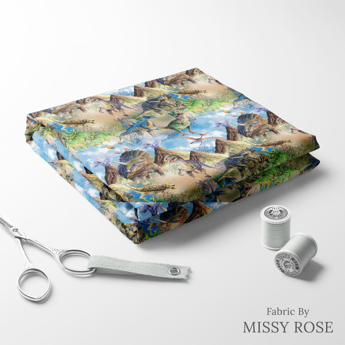 Design 1161 Dinosaur Fabric folded fabric stack with matching thread – pre-order fabric Australia | Fabric by Missy Rose