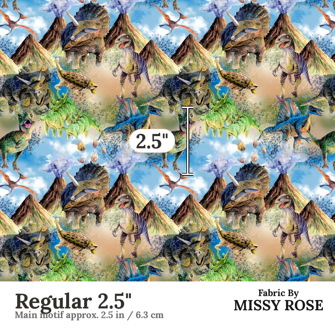 Design 1161 Dinosaur Fabric Regular 2.5 inch print scale guide | Fabric by Missy Rose