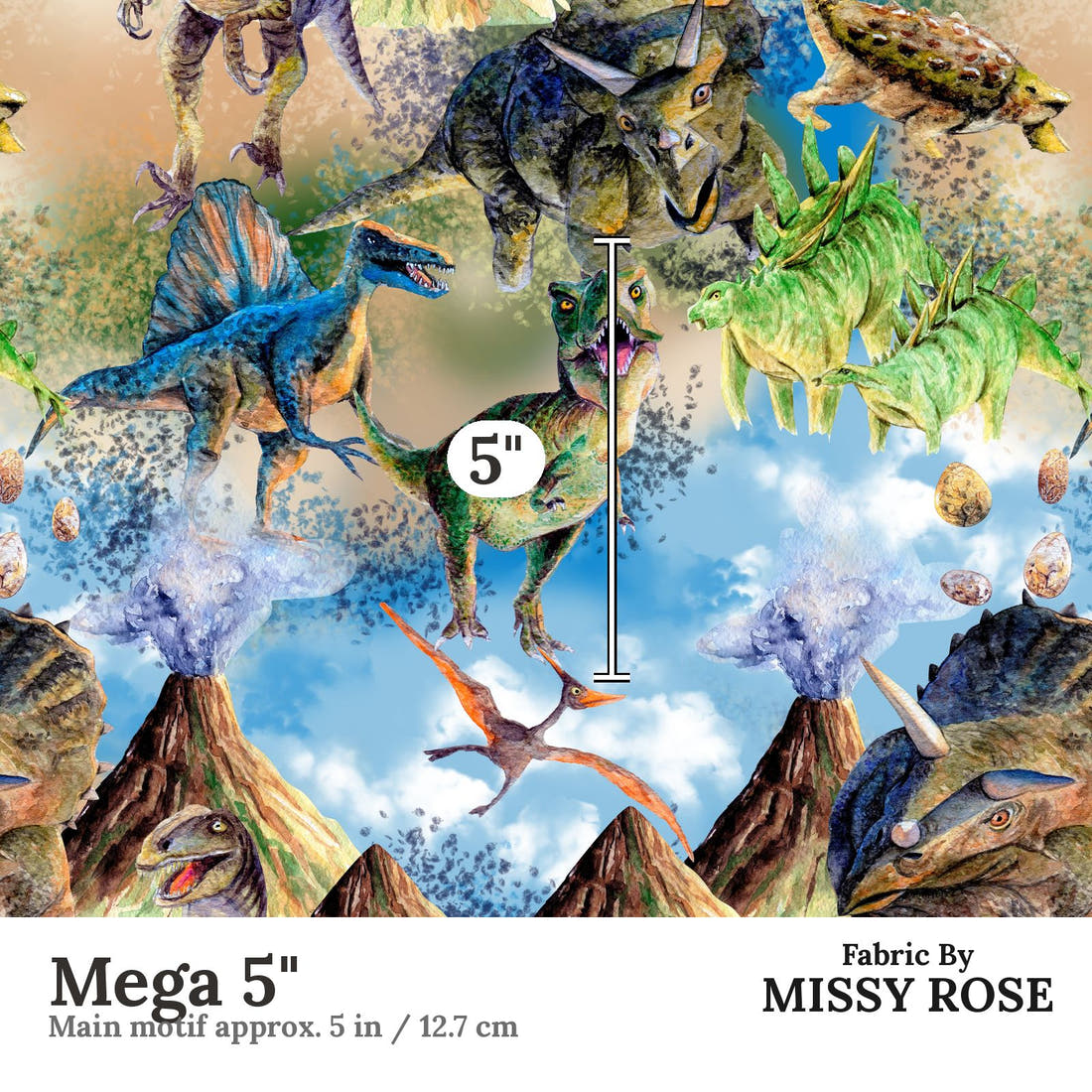 Design 1161 Dinosaur Fabric Mega 5 inch print scale guide | Fabric by Missy Rose