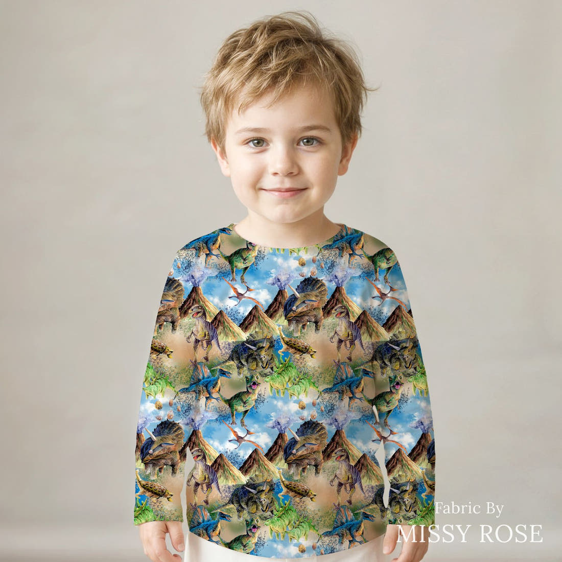 Design 1161 Dinosaur Fabric sewn into a kids' long sleeve top – see how the print looks made up | Fabric by Missy Rose