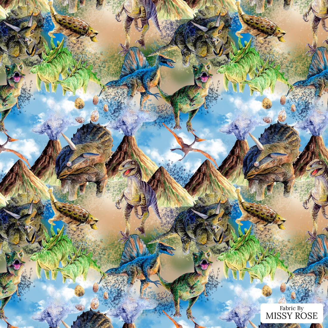 Design 1161 Dinosaur Fabric – flat view of the print, zoom in for detail | Fabric by Missy Rose