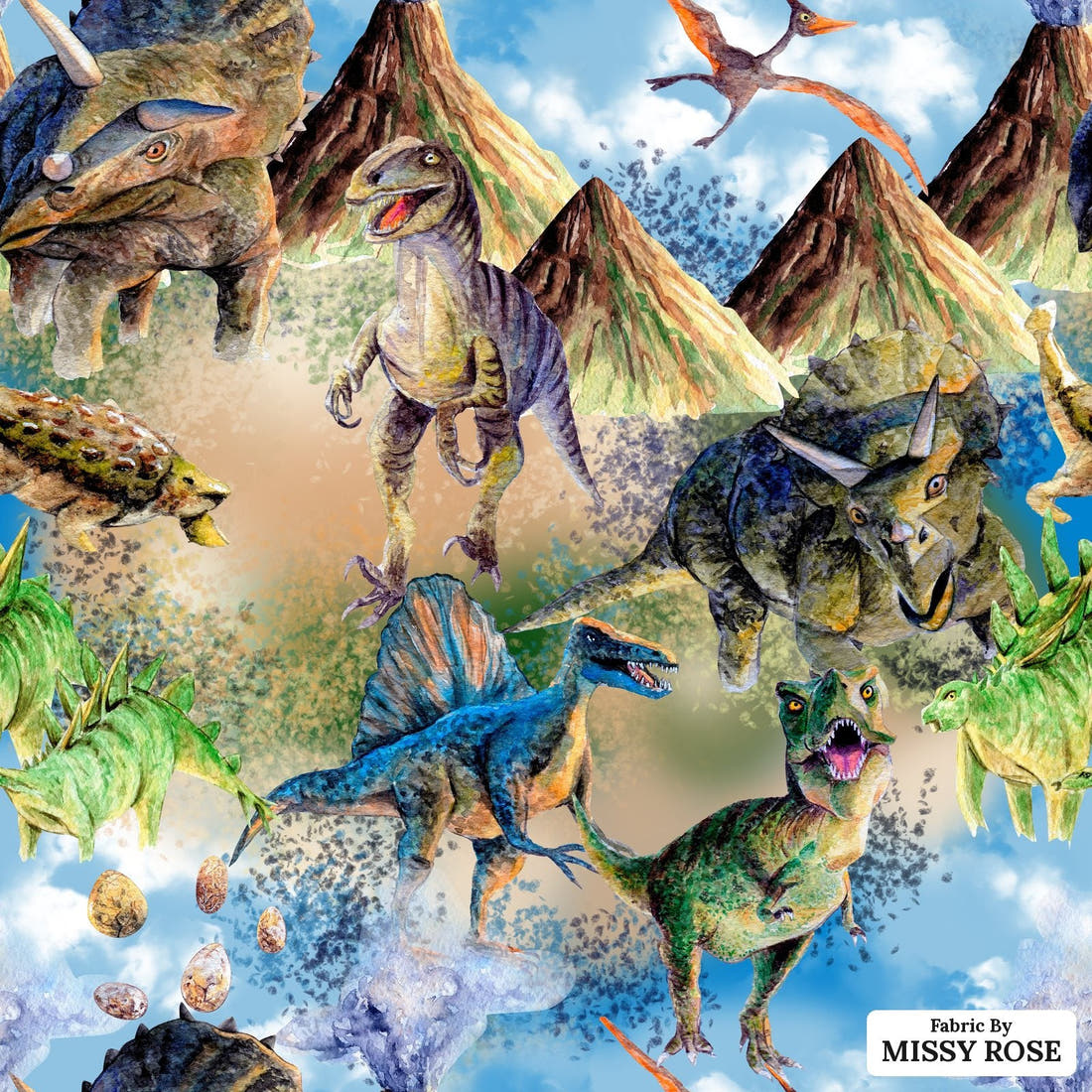 Design 1161 Dinosaur Fabric – flat view of the print, zoom in for detail | Fabric by Missy Rose