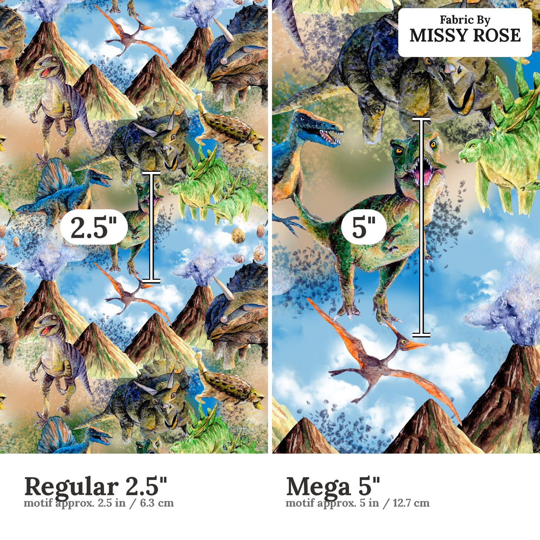 Design 1161 Dinosaur Fabric Regular 2.5 inch vs Mega 5 inch print scale side by side | Fabric by Missy Rose