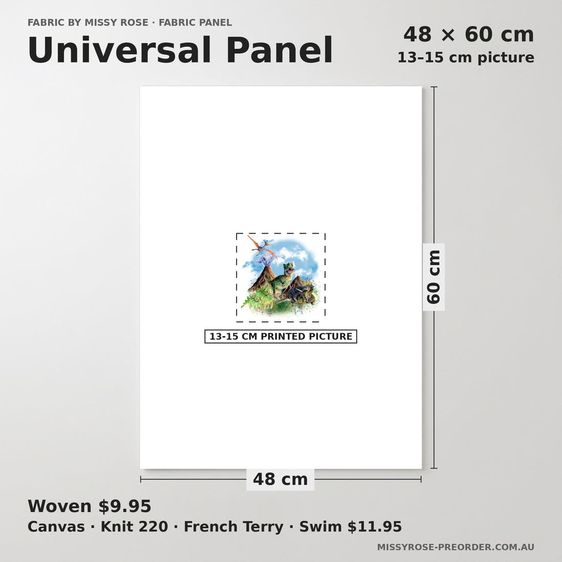 Design 1161 Dinosaur Panel universal panel sizing – 13–15 cm printed picture on 48 × 60 cm fabric | Fabric by Missy Rose