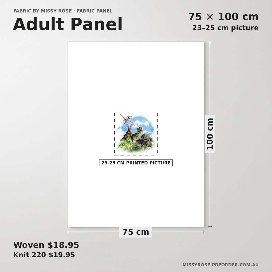 Design 1161 Dinosaur Panel adult panel sizing – 23–25 cm printed picture on 75 × 100 cm fabric | Fabric by Missy Rose