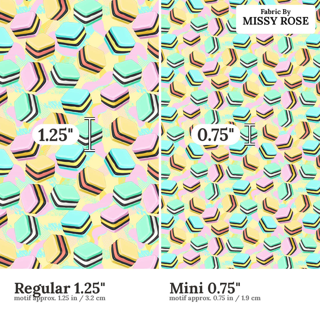 Design 1162 Licorice Fabric Regular 1.25 inch vs Mini 0.75 inch print scale side by side | Fabric by Missy Rose