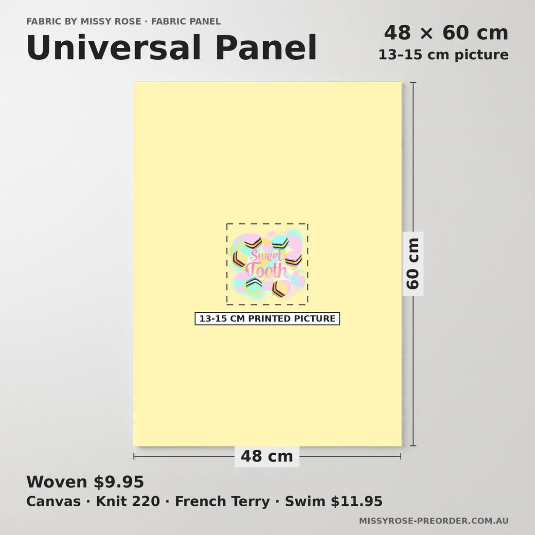 Design 1162 Licorice Panel universal panel sizing – 13–15 cm printed picture on 48 × 60 cm fabric | Fabric by Missy Rose