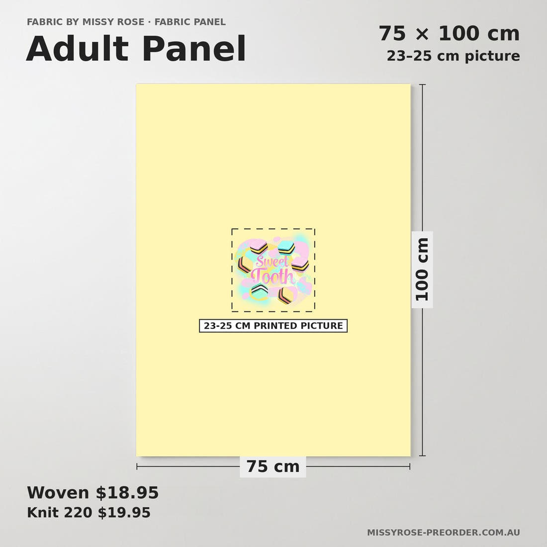 Design 1162 Licorice Panel adult panel sizing – 23–25 cm printed picture on 75 × 100 cm fabric | Fabric by Missy Rose