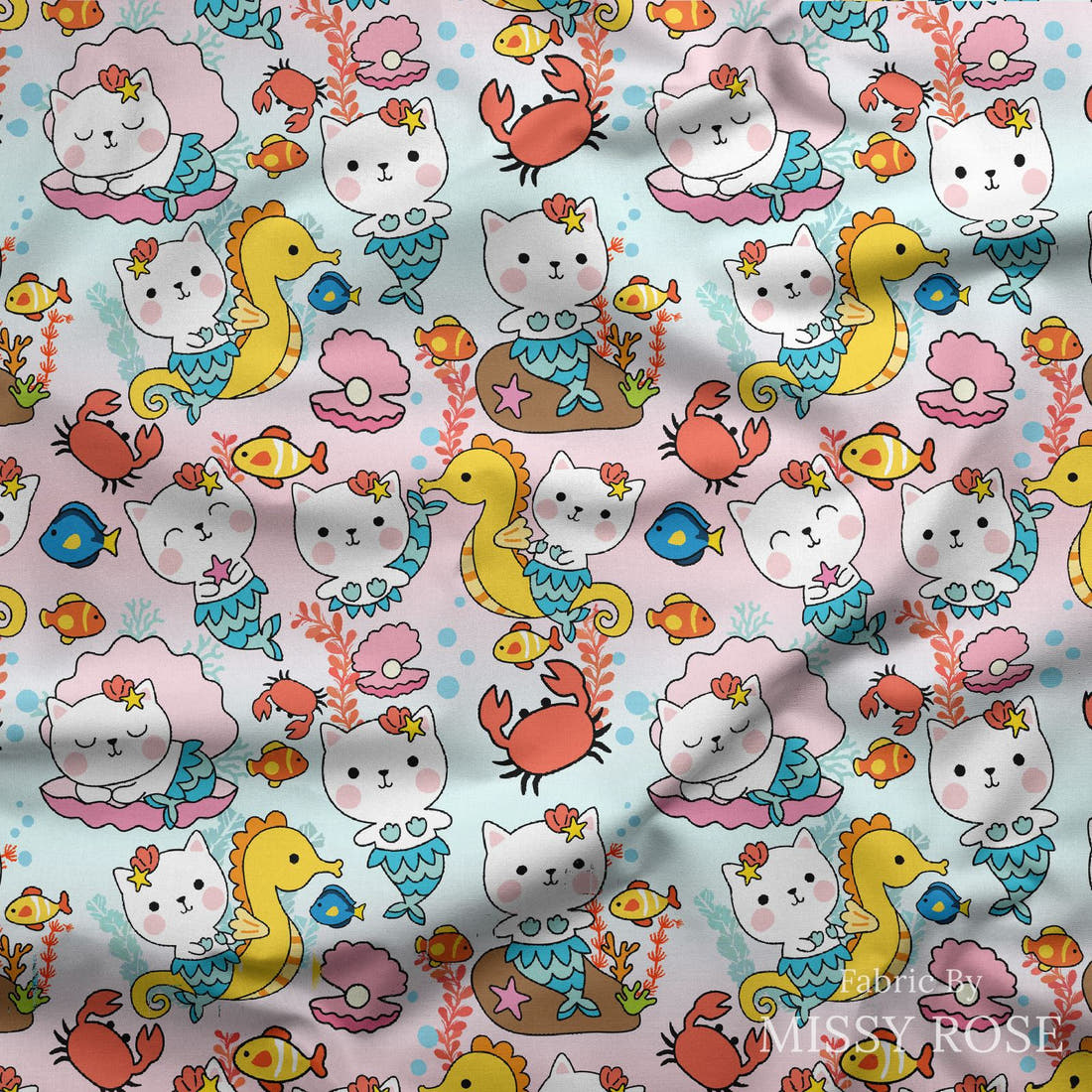 Design 1163 Cute Mermaid Fabric draped fabric mockup – custom printed fabric by the metre | Fabric by Missy Rose