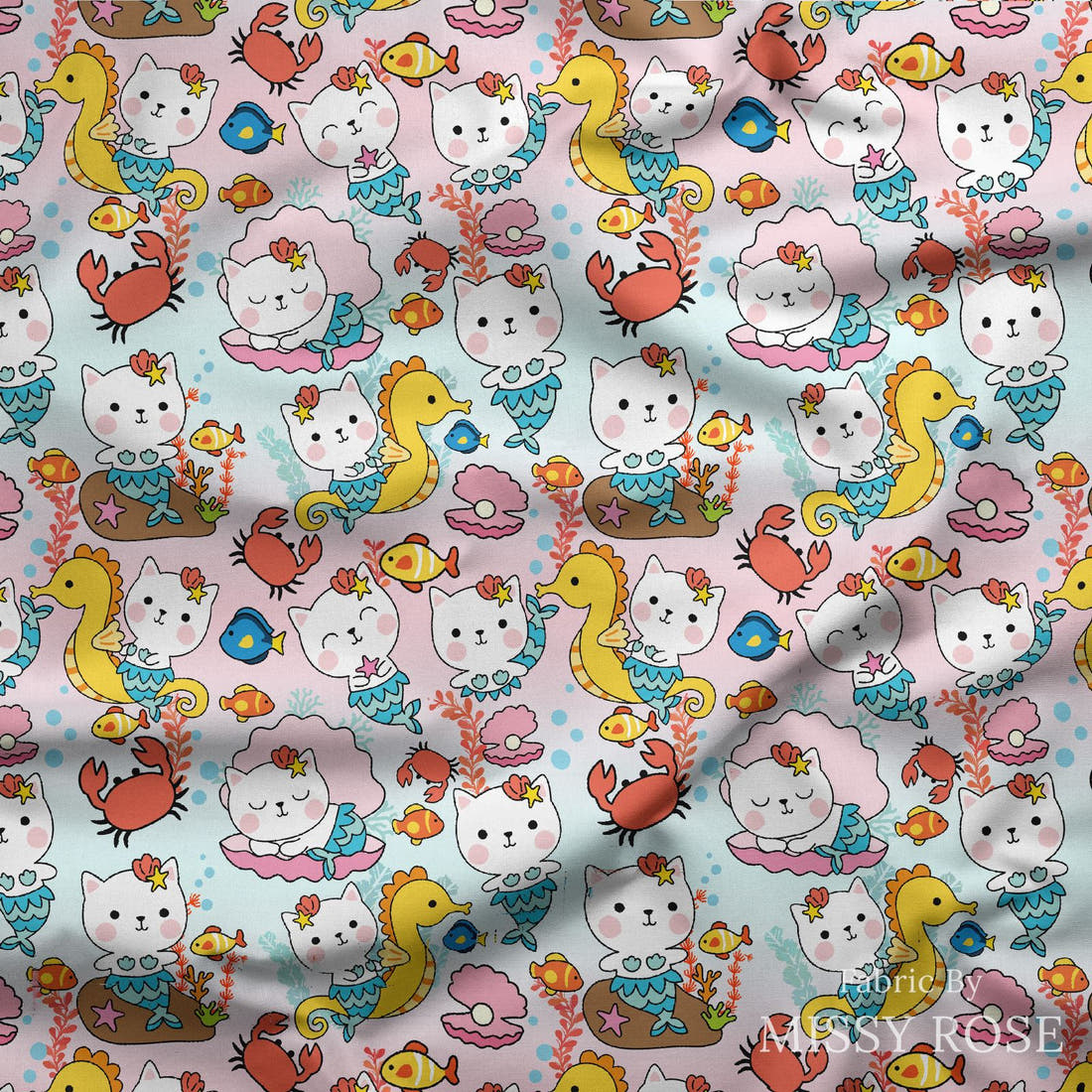 Design 1163 Cute Mermaid Fabric draped fabric mockup – custom printed fabric by the metre | Fabric by Missy Rose